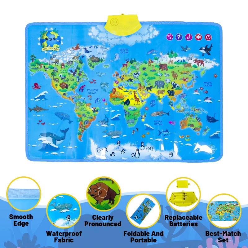 Interactive World Map Educational Talking Map Poster for Boys and Girls Animals Wall Chart Educational Learning Toy