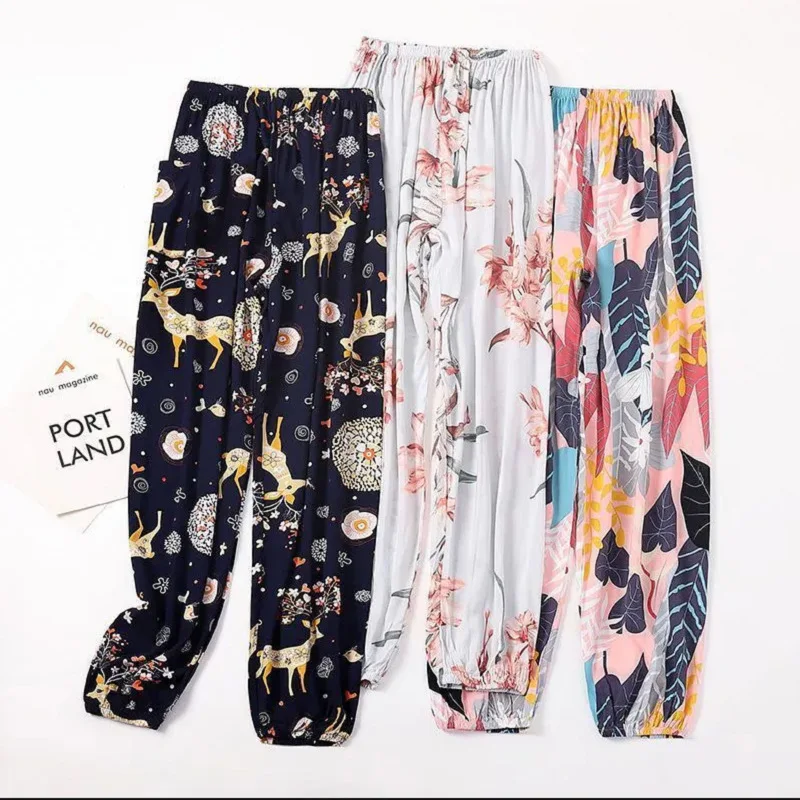 New Women Cotton Silk Pajama Trousers Summer Thin loose casual Yoga pants Rayon Household harem Pants Printed Beach Pants