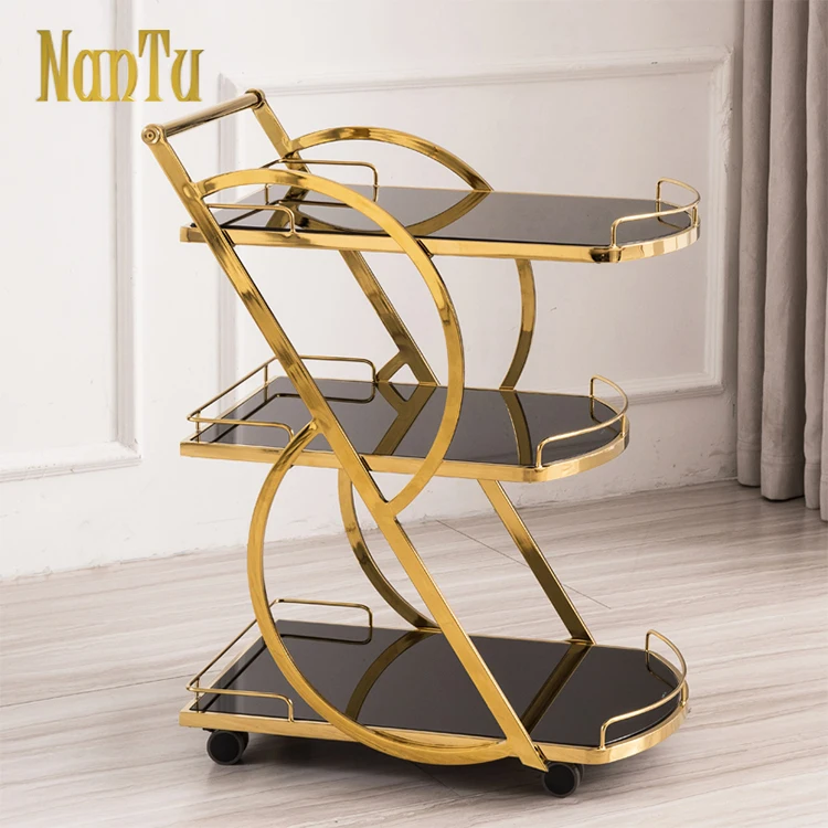 Tempered Glasses Three-Layer Black Serving Trolley Bar Carts For Home & Hotel
