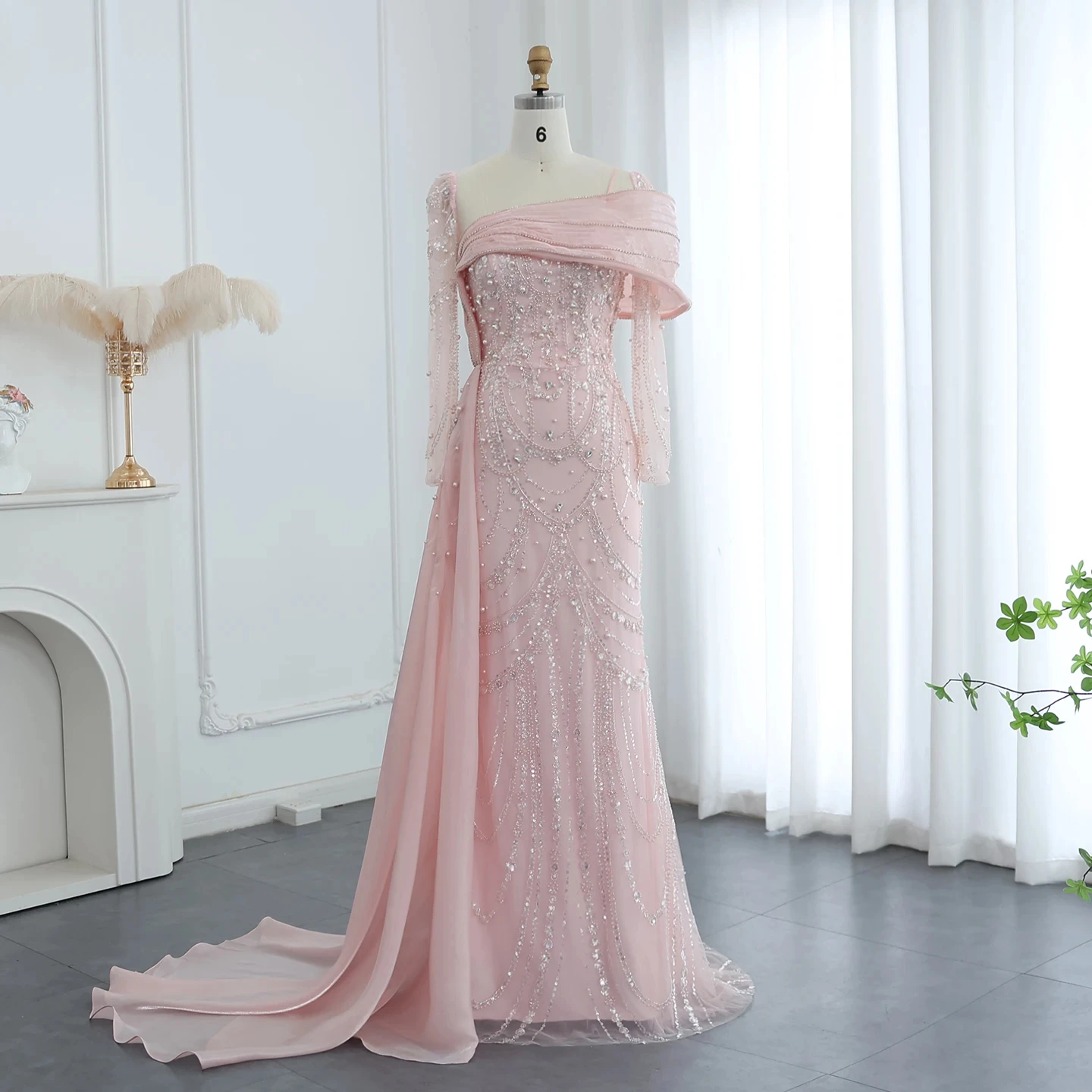 Luxury Nude Crystal Mermaid Evening Dress with Overskirt Long Sleeves Dubai Arabic Wedding Formal Prom Gowns SZ256-2