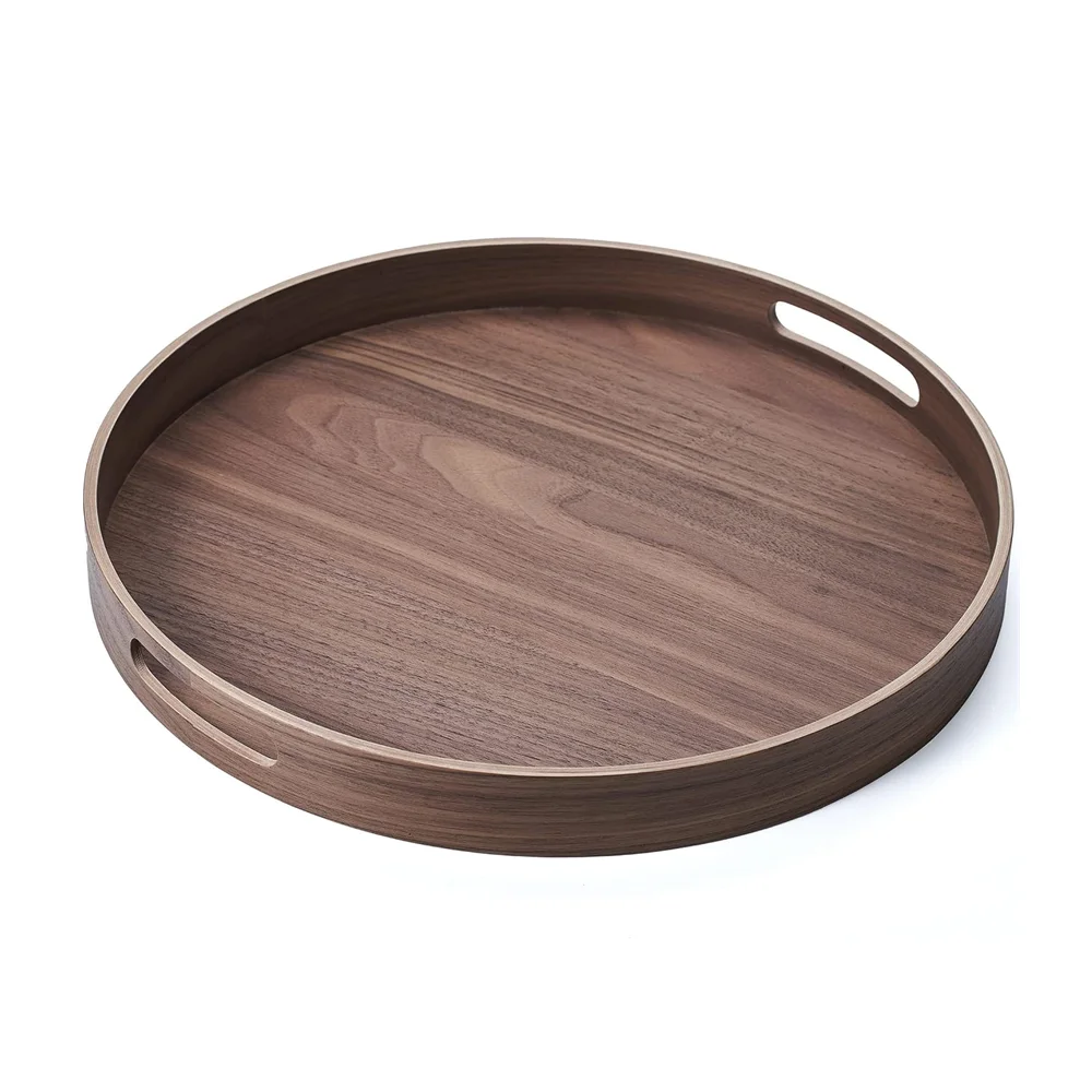 Walnut Round Wood Serving Tray Tea Table Oval Wood Tray With Handles Natural Wooden Tray for Kitchen Coffee Afternoon Tea