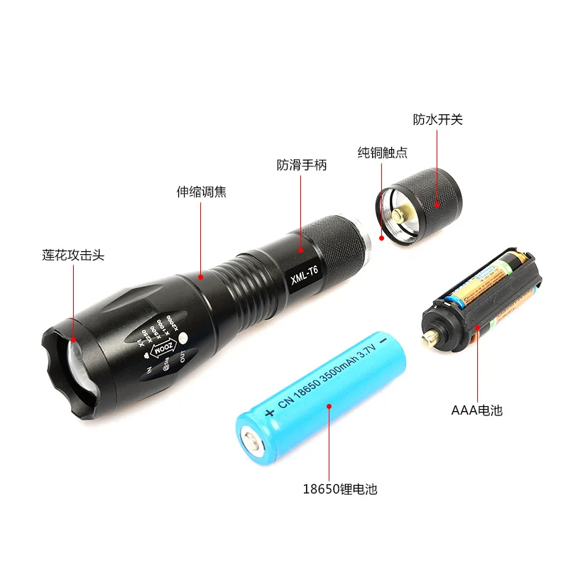 Maaadro Handheld Flashlight T6 Waterproof Resistant Camping Torch Rechargeable Adjustable Focus Zoom