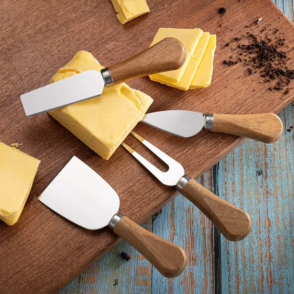 4 Pieces Set Wood Wooden Handle Stainless Steel Cheese Tools Knife Set Wholesale Cheese Dispenser