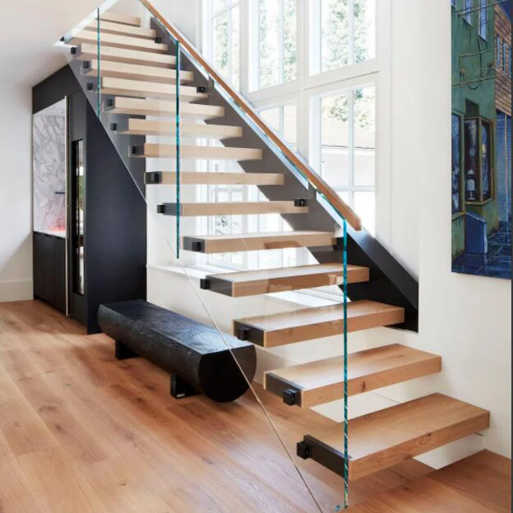 USA Solid Wood Oak Low Price Staircase Beech Tread Powder Coating Steel Floating Stairs