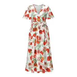 Wholesale Floral Maxi Beach Dress Elegant Casual Dresses Bulk Women V Neck Slim Summer Robe Ete Plage Maxi
