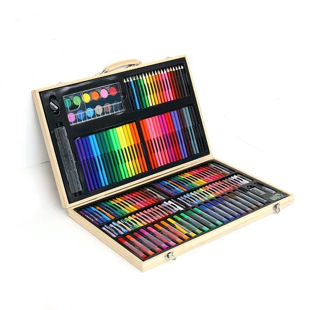 180 Wooden Box Painting Set Children Student Colore Pencils Watercolor Pens Oil Pastels Crayons Art Painting Stationery Gift Box