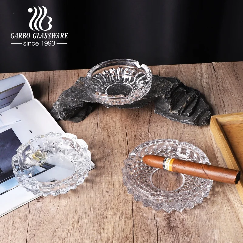 Stocked wholesale Cheap factory direct high end Embossed engraved High quality glass ashtray Glass Smoking Cigar Ashtray