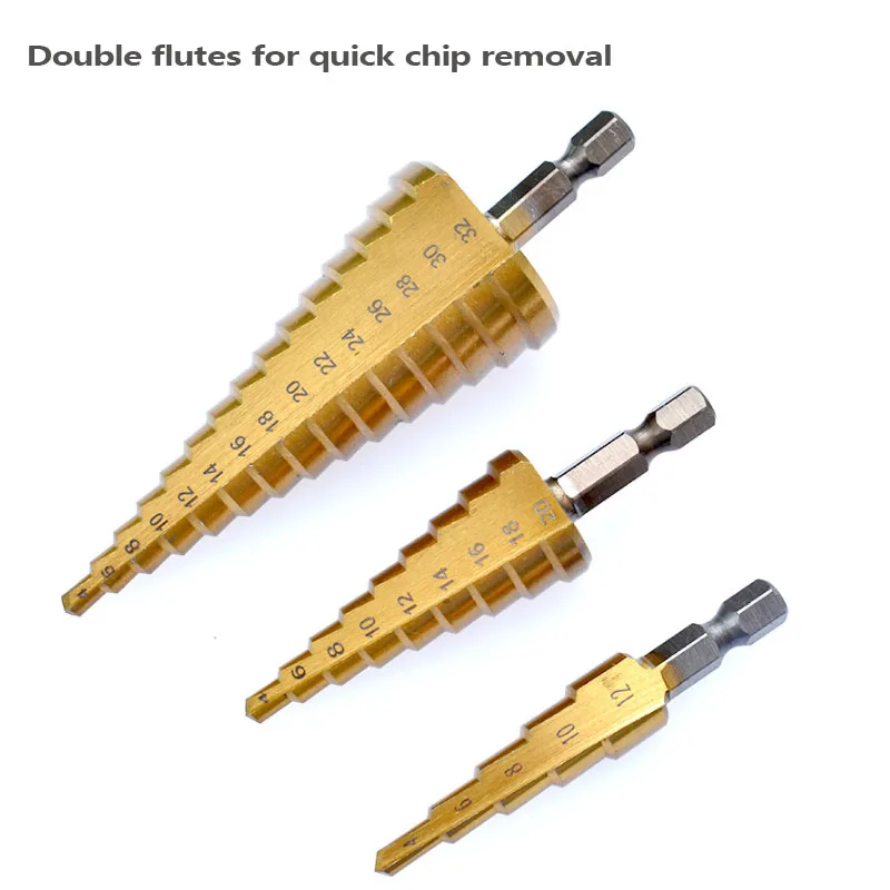 3Pcs Hexagon Shank Step Drill Sets 4-12mm 4-20mm 4-32mm High Speed Steel Straight Groove Drill Wood Metal Hole Cutter Drilling