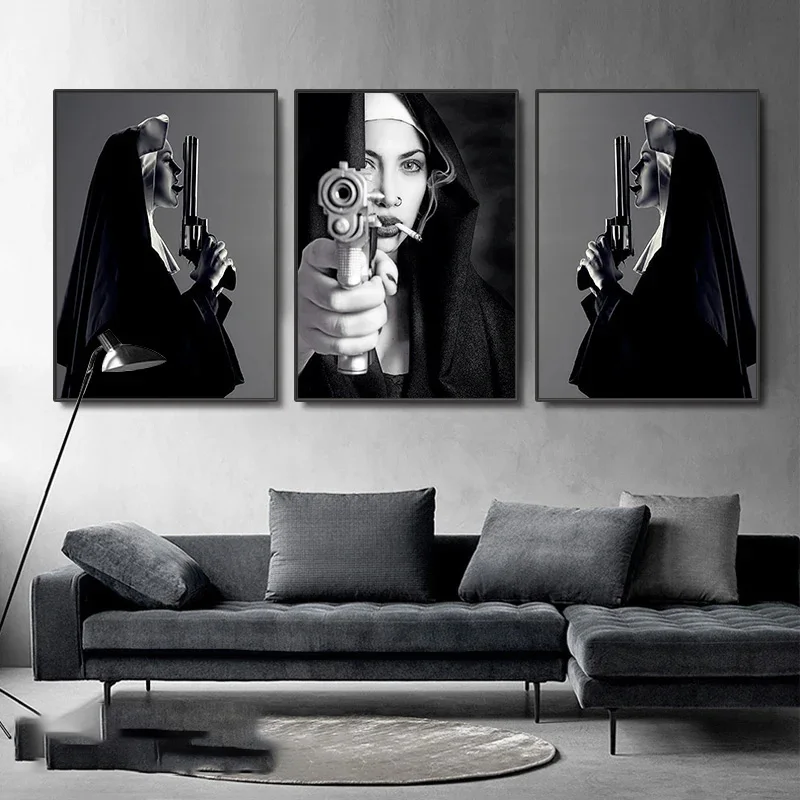 Nordic Home Decor Canvas HD Print Nun with Black and White Figure oil Painting Art Poster Wall Art Mural Hanging