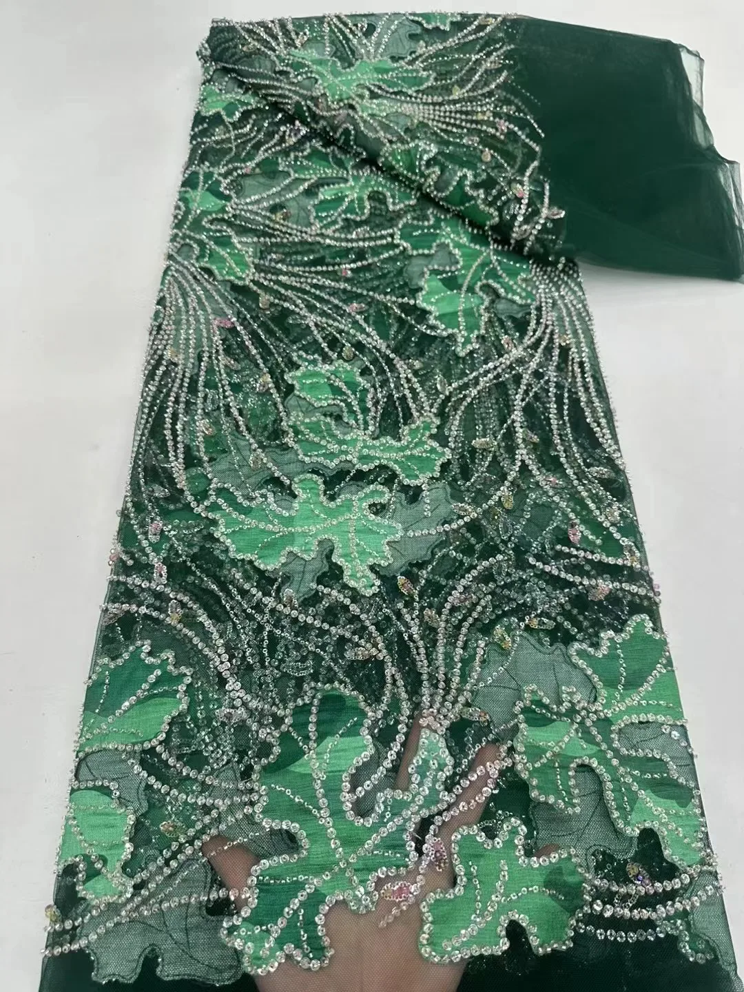 NI.AI Luxury Lace Fabric Colorful Sequence Net Lace Embroidery Satin Lace Sequin Fabric For Wedding Dress