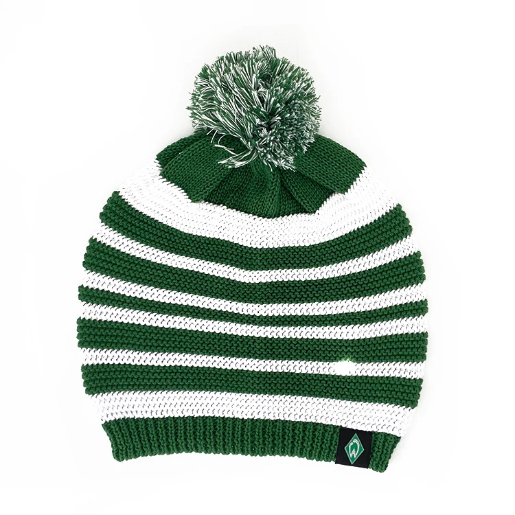 Изготовление на заказ, 100% перерабатываемый полиэстер, зеленый, белый цвет, полосатый теплый вязаный головной убор с помпоном