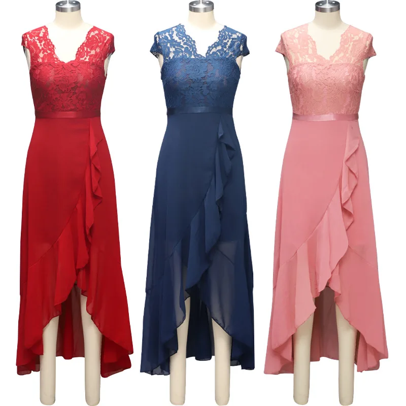 Factory Direct Sales Fashion Party Dress V-Neck Solid Color Short Sleeve Lace Mesh Long Dress