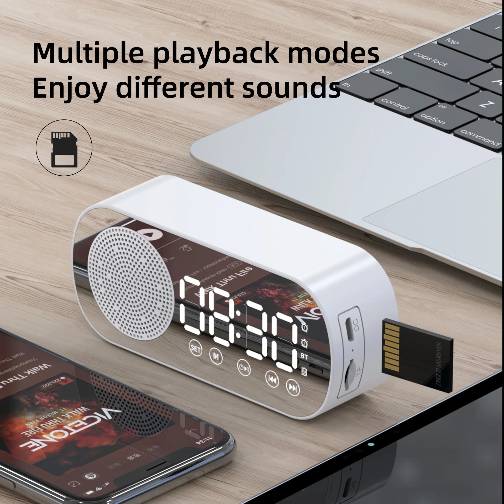 New Desk Speaker Clock Speaker Fm Radio Alarm Clock Hifi Sound Hd Mirror Screen Support Tf Card for Bedroom Clock