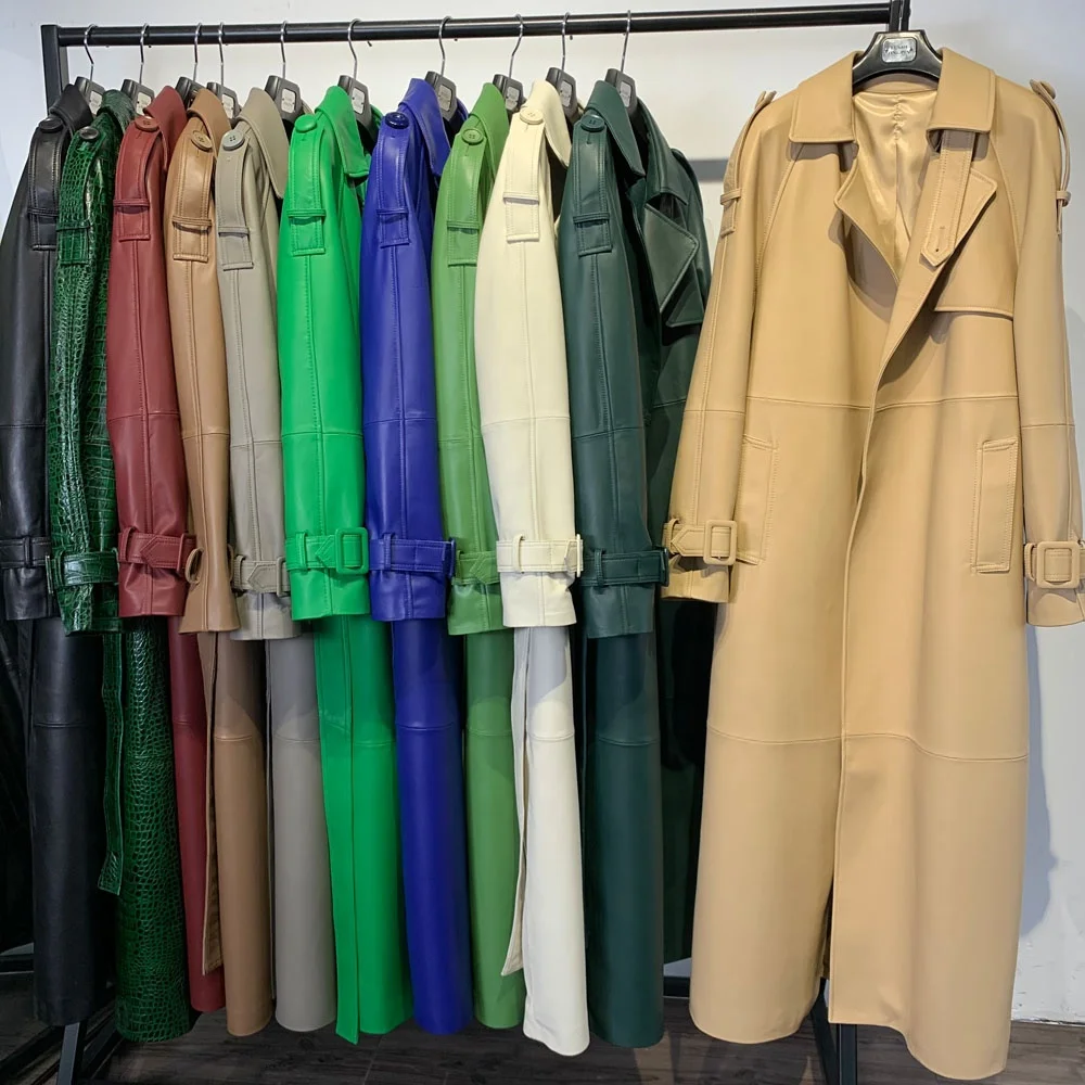 2024 Fashion Beige Trench Coats Trendy Casual Leather Jacket Female Full Leather Jackets