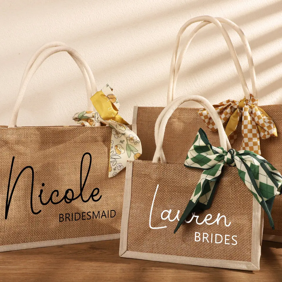 custom logo eco friendly Personalized Burlap Custom Tote Bag Bridesmaid jute Bag Wedding Favors Party Gift jute beach bag