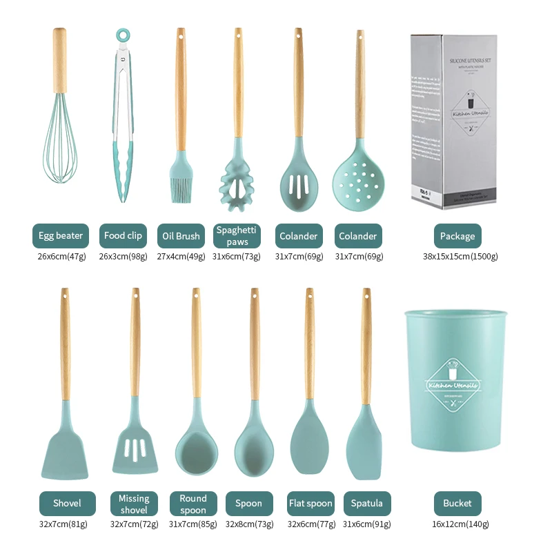 12 Pcs Heat Resistant Stand Accessories Silicone Wood Cooking Kitchen Utensil Set 11pcs With Kitchen Knifes For Camping Cooking