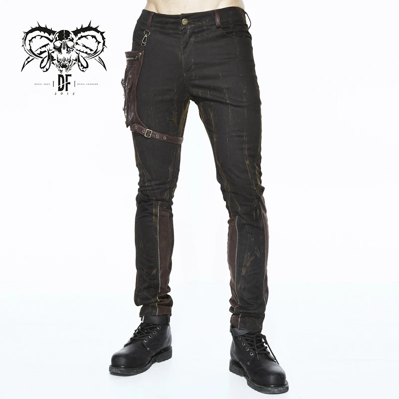 PT079 Devil fashion detachable leather bag brown men steampunk slim trousers
