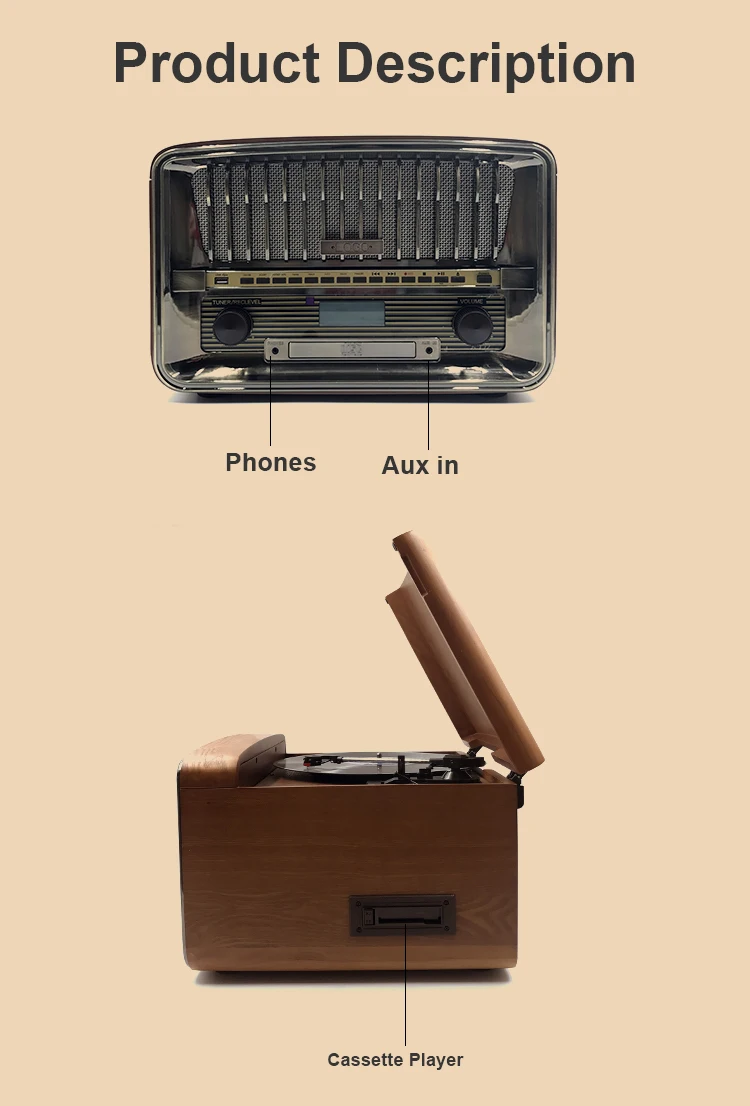 Classic phonograph cd record cassette radio player wooden turntable vintage