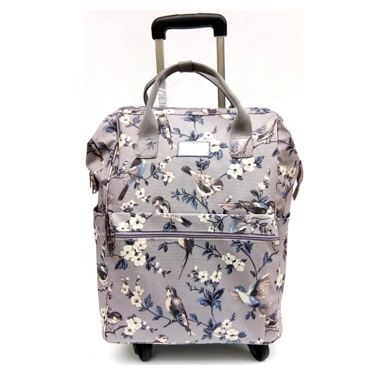 Large Capacity Flora Print Canvas Trolley Tote Bag Cabin Luggage On Wheel Rolling Travel Bag