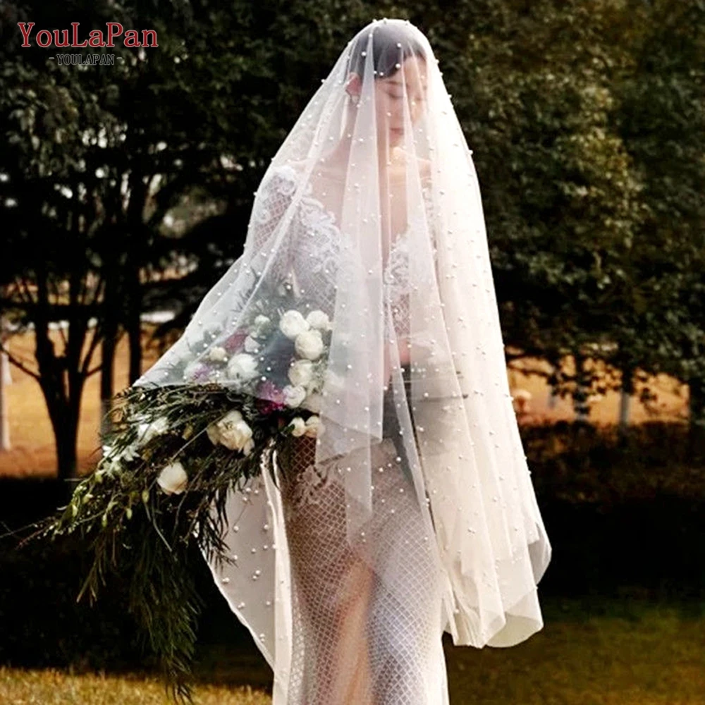 YouLaPan V13 Popular White Pearls Veil for Wedding Dress Full Beads Cathedral Bridal Veils