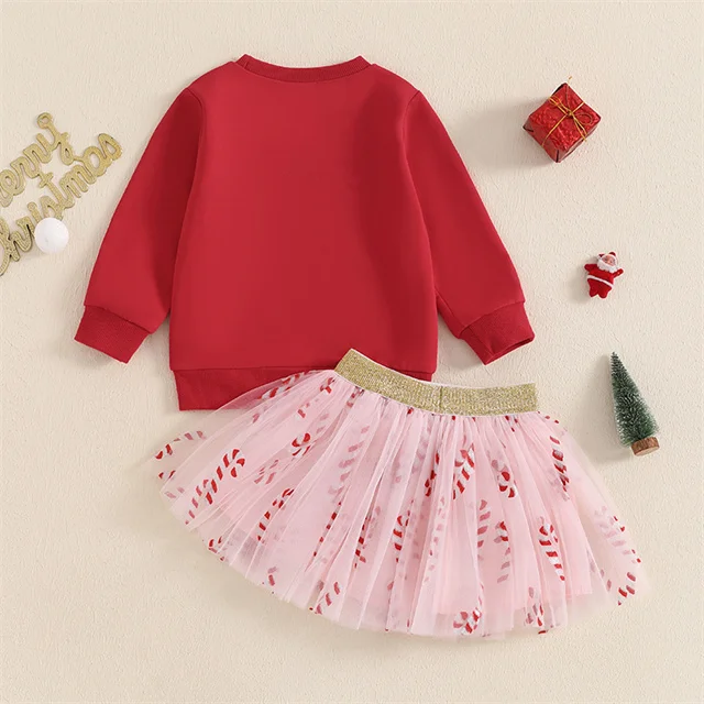 1 Pcs Custom Tag Christmas Outfit  Long Sleeve Crew Neck Letters Print Sweatshirt Candy Cane Tulle Skirt Girls Toddler Outfit