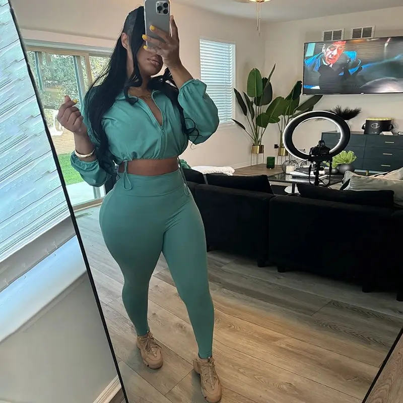 Long Sleeve Solid Color Slim Bodycon Pants Sets Fashion Sexy Short Sleeve Crop Tops Pantsuit For Women