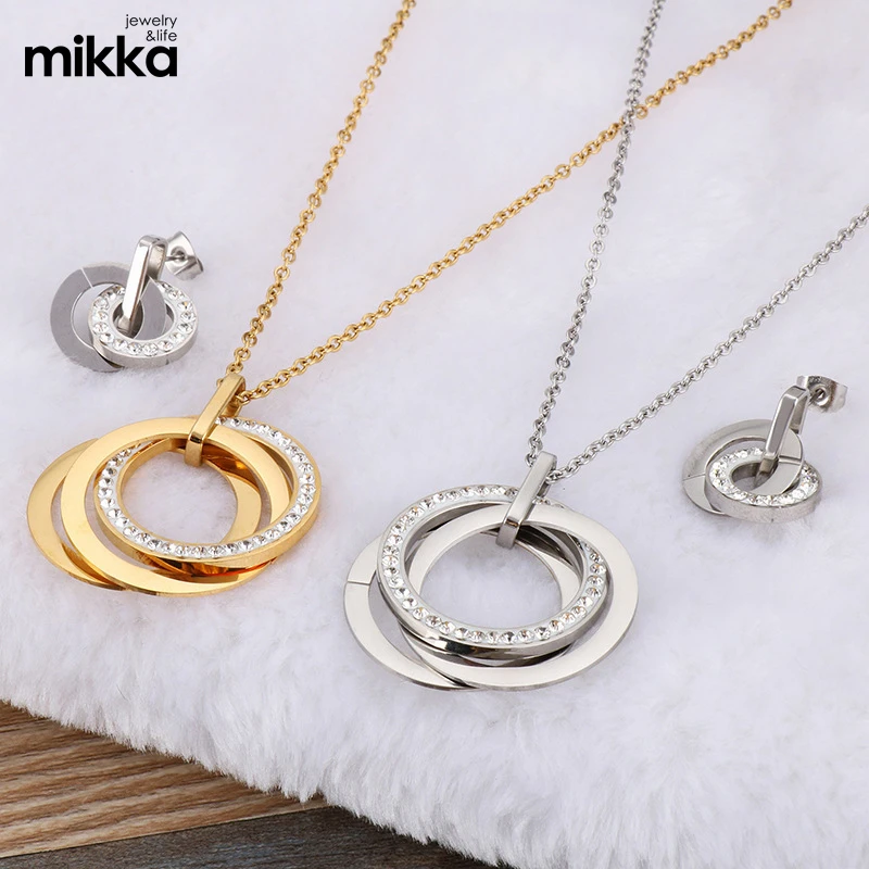 Lady Stainless Steel Jewelry Wedding Gift 18K Gold Dubai Jewelry Set Zircon Charm Necklace Earring Jewelry Set