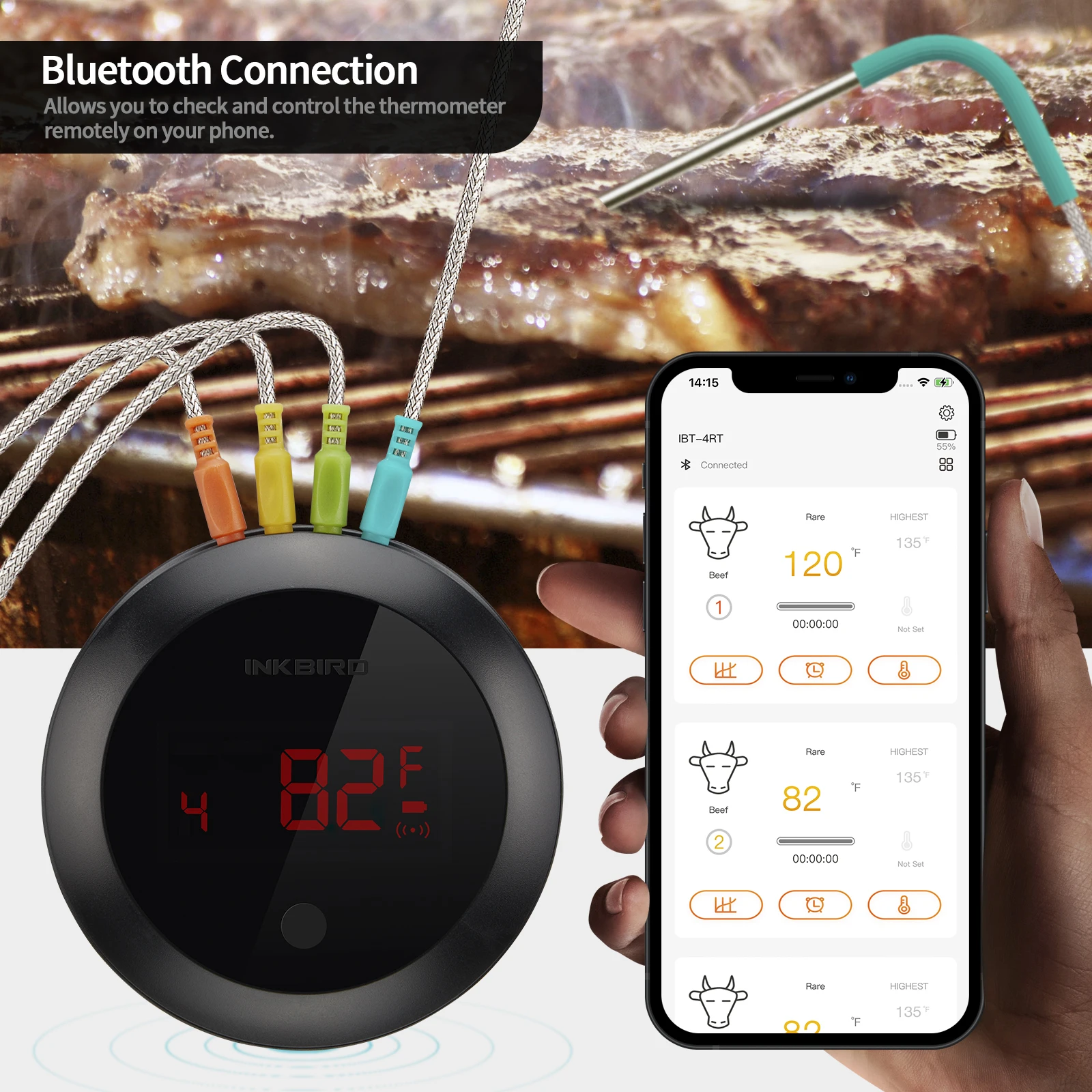 INKBIRD  IBT-4RT Wireless Meat Thermometer Smart Grill Thermometer with 4 Colored Probes