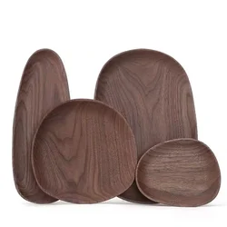 Diyue DYD22061 Custom Logo Wooden Plate Set of 4 Walnut Wood Trays Dishes Wooden Platters for Food Natural Irregular Shape Plate