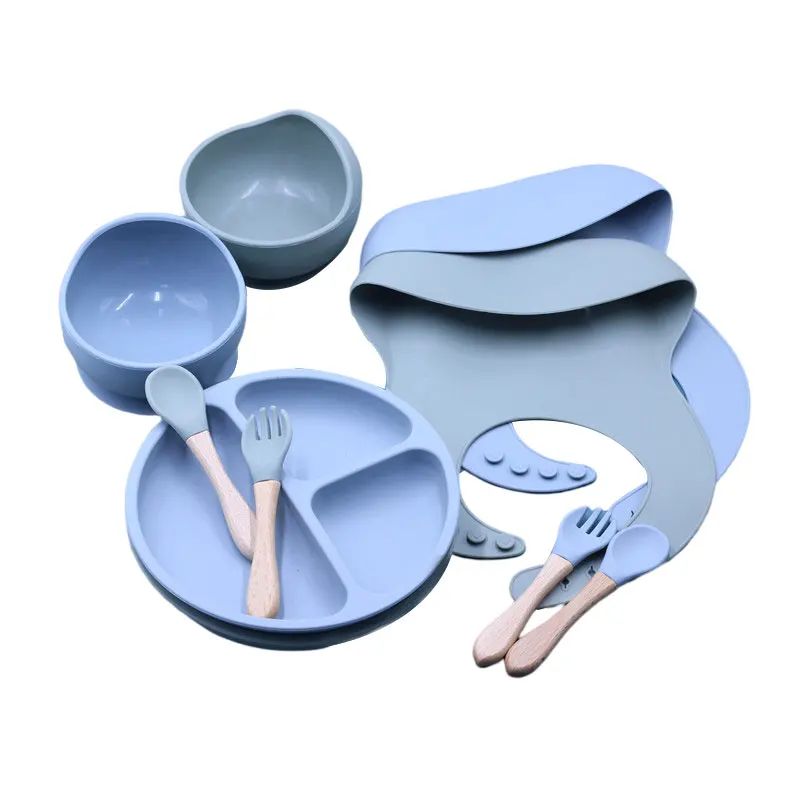 Reasonable Price Training Tableware Silicone Feeding Bib Wood Handle Spoon And Fork Baby Suction Bowl And Plate Set For Babies