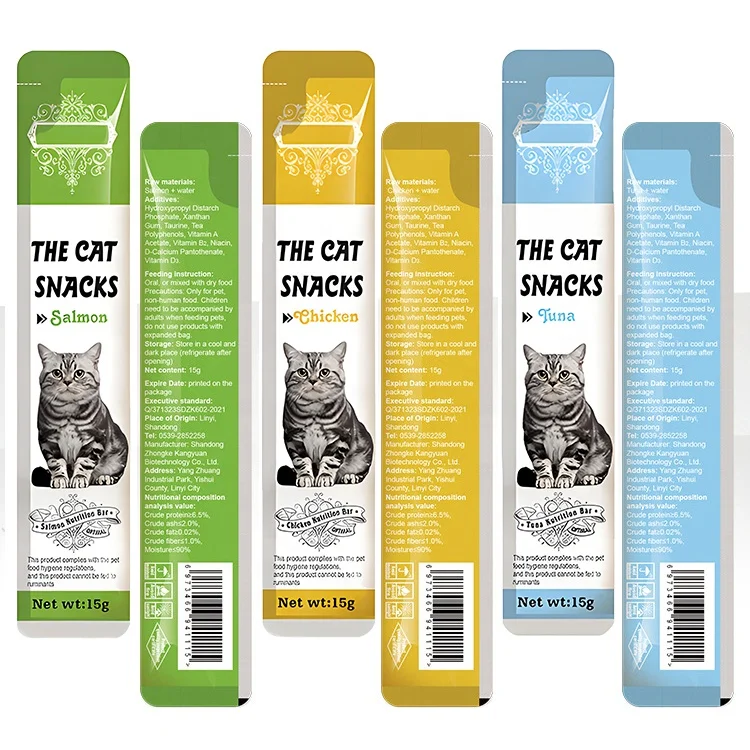 Factory Wholesale OEM Fresh Nutritious Cat food Wet Food Chicken Salmon Tuna flavors  Delicate Meat Cat Snacks15g