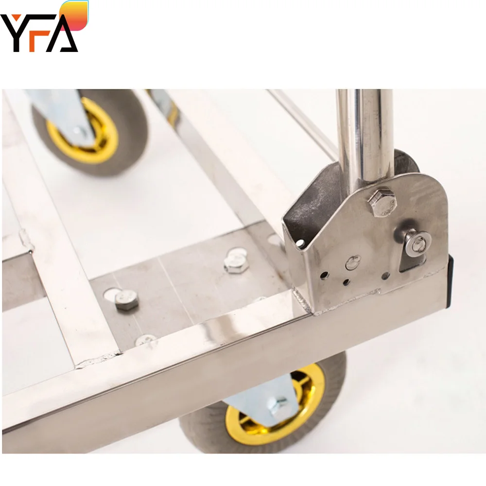 Stainless Steel Hand Carts Heavy-Duty Foldable Platform Trolley Truck Platform Hand Truck, 4-Wheel Warehouse Hand Trolley