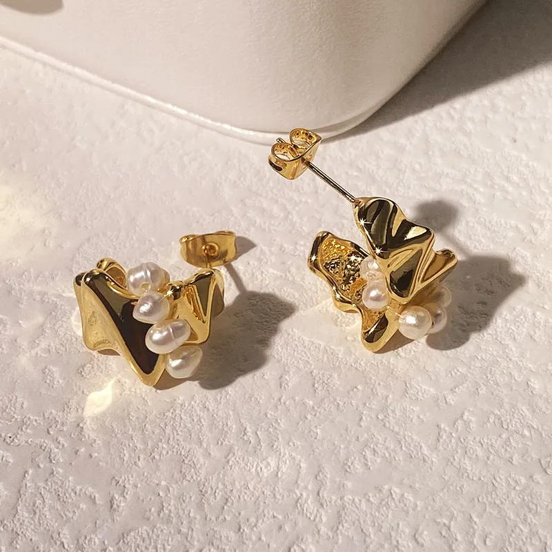 Aimgal fine jewelry Natural Freshwater pearls brass plated 18k gold French geometric design earrings