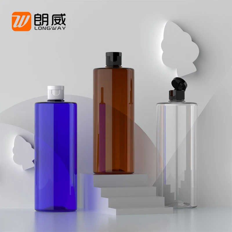 Wholesale PET 16 oz plastic flat toner flip top bottle with black cap 500ml 16oz for bath shower gel cosmetic packaging