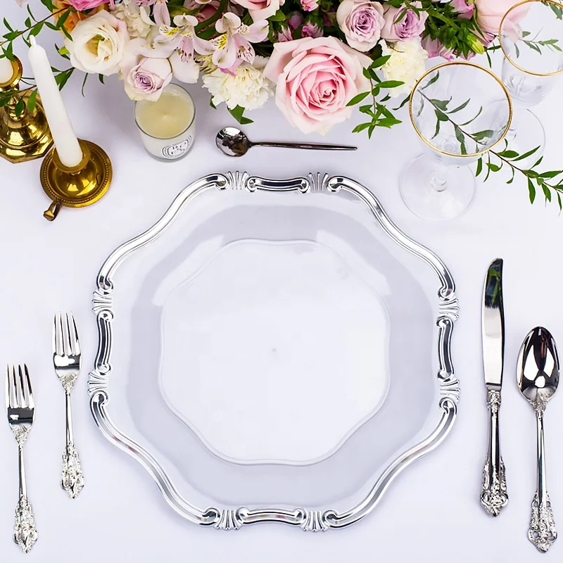 13 inch elegant wholesale acrylic plastic clear silver charger plates wedding decoration gold rim cheap plate chargers wholesale