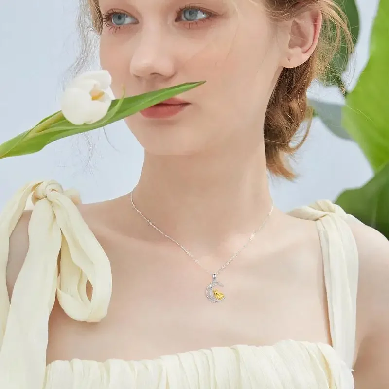 Cute Animal Jewelry Women Girls 925 Sterling Silver Two Tone Necklace Rabbit Moon Star Necklace