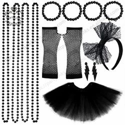 Women 80s Fancy Dress Accessories Retro Party Costume Set Adult Tutu Skirt Neon Fishnet Gloves Beaded Necklace Bracelet Earrings