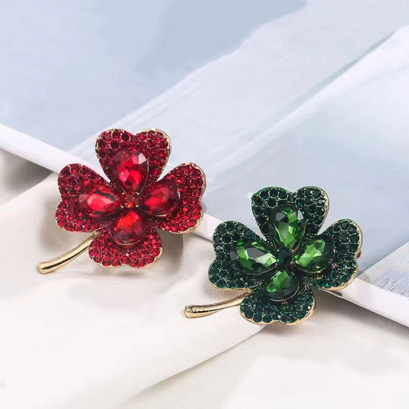retro fashion clover flower corsage badge woman man suit brooch vintage simple luxury green red crystal rhinestone lapel brooch