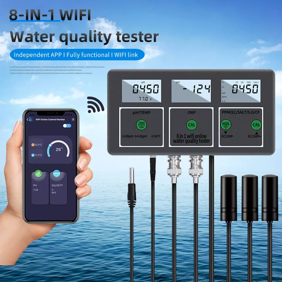 Wifi Water Quality Monitor 8 in 1 Digital Water Analyzer PH EC TDS ORP SALT S.G CF Temperature APP Remote Online Monitor