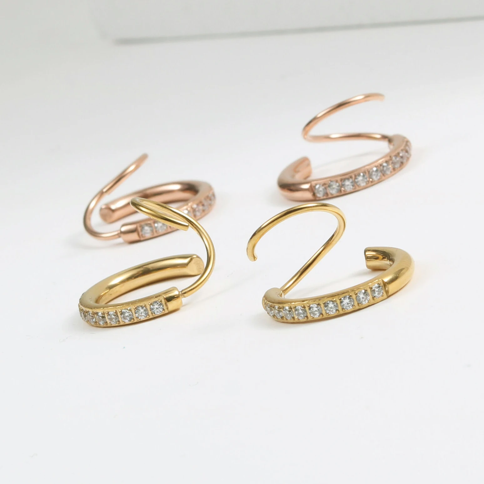 Fashion Jewelry Wholesale Small Cubic Zircon Gold Plating Stainless Steel Twisted Spiral Wire Hoop Earrings For Women