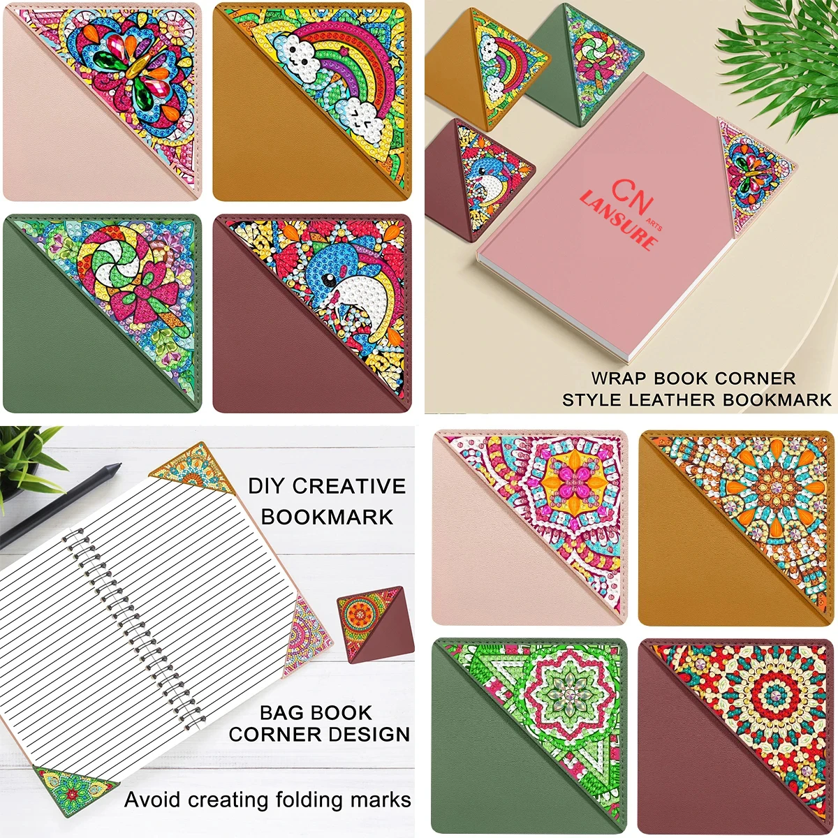 LS 4pcs set 5D diamond painting PU leather pack corner bookmark diy mandala triangle bookmark handmade