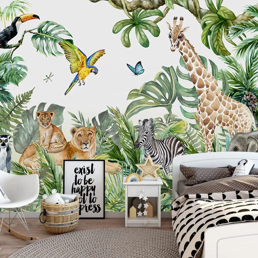 Nature Wallpaper for Children with Animals Jungle Wall Mural Watercolor Animals Nursery Wallpaper Kids Room Decor