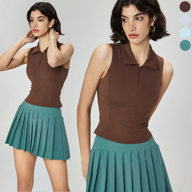 Quick Dry Turn-down Collar Basic Clothes Half Zip Slim Fitness Vest Sports Wearing Push Up Removeable Padded Yoga Tank