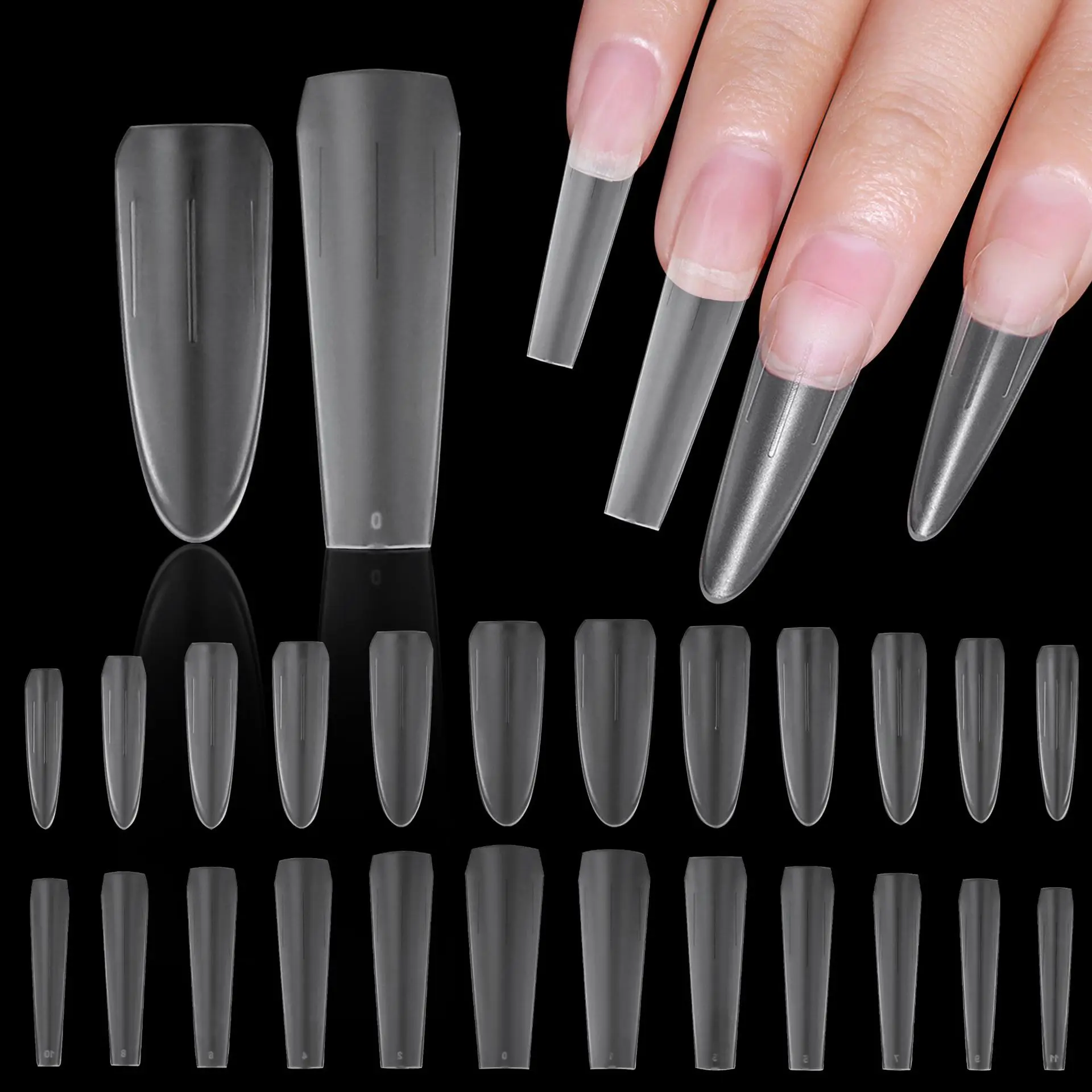 2024 New Shapes Transparent Acrylic Gel X Full Cover Extension Curved Press Nails Soft Gel Long Nail Tips for Finger Application