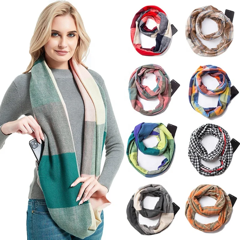 Cashmere Winter Pockets Infinity Scarf Warm Hidden Zipper Storage Plaid Neckerchief Travel Checked Scarves With Pocket