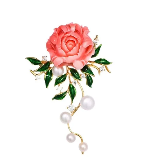Luxury Broche Bijoux Gold Plated Pink Peony Flower Brooches Pin Elegant Broches De Flores Broches Femmes