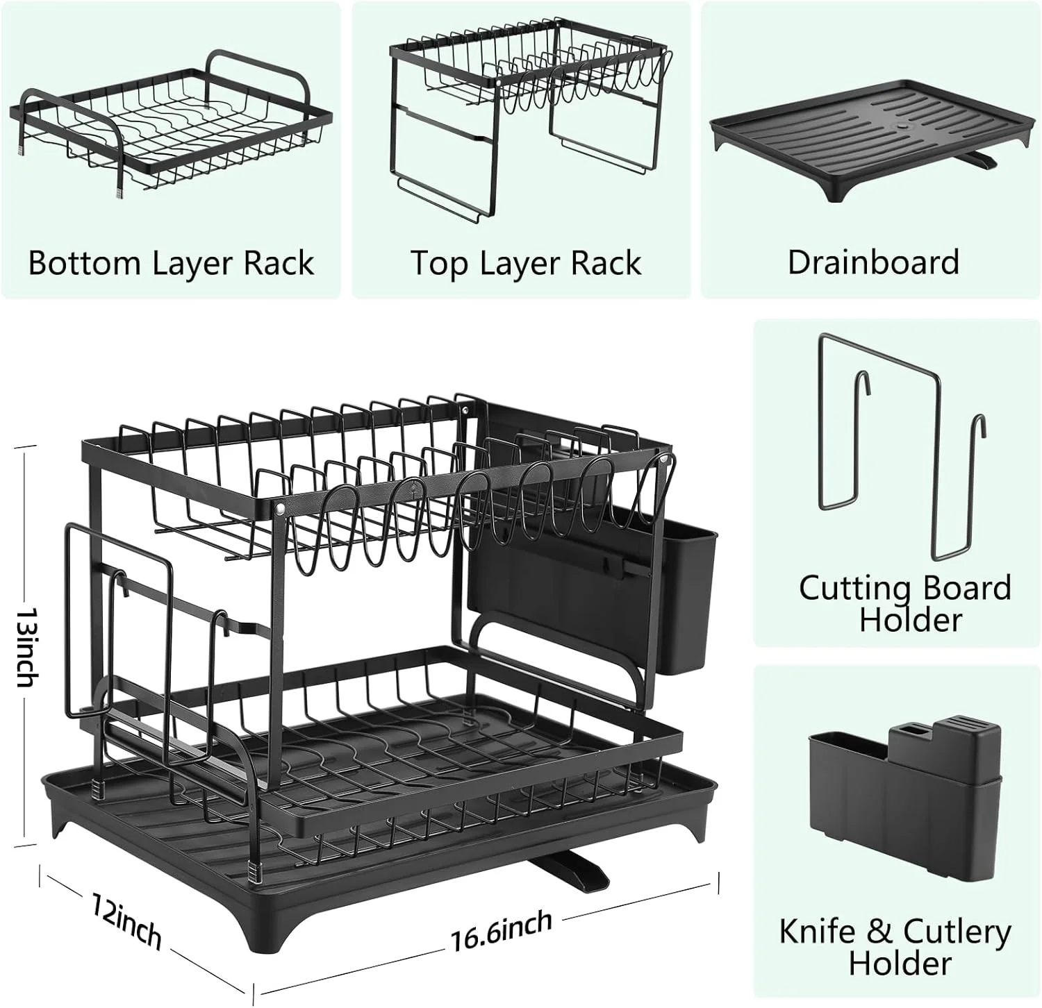 Two-Tier Dish Drying Rack with Cutlery Organizer, Plate Stand, and Removable Water Drip Tray for Compact Kitchens