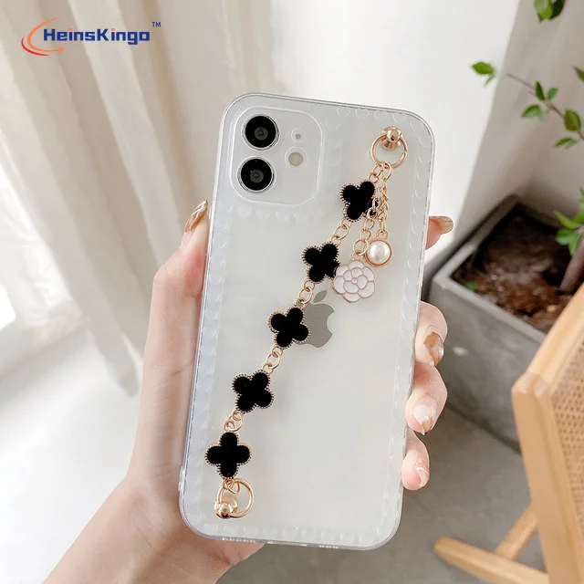 Transparent Pearl Love Chain Wristband Case for IPhone 13 12 Pro Max Mini XR X XS 7 8 Plus 9 Cute Phone Cover Luxury Coque Funda
