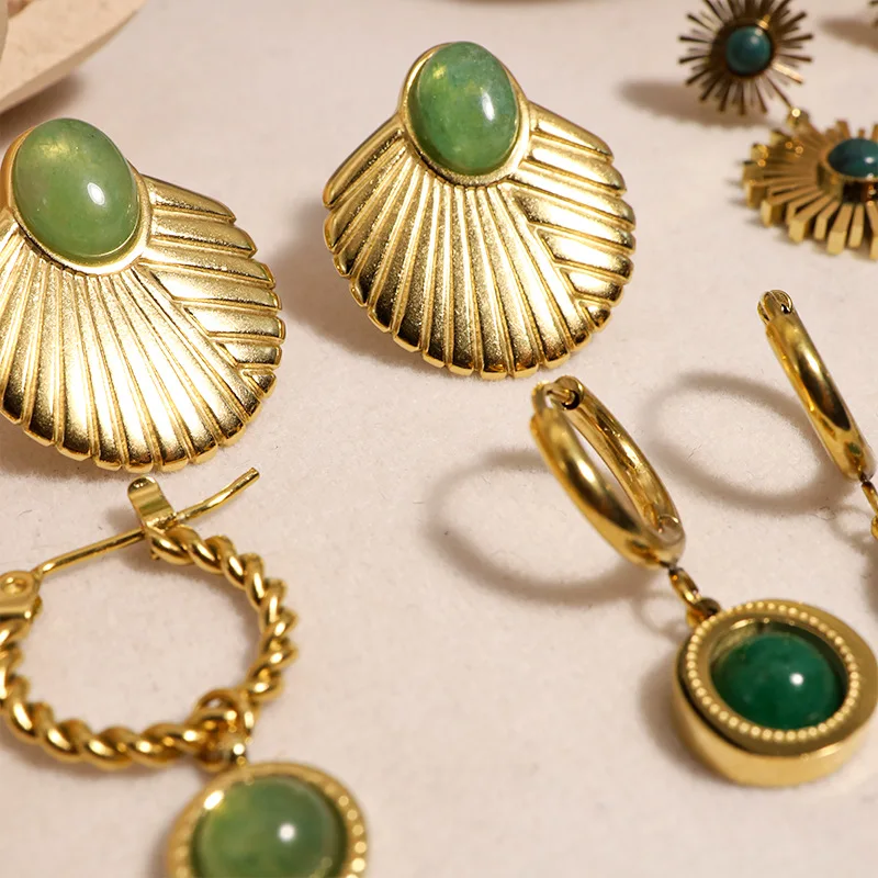 18k Gold Plated Stainless Steel Pendant Earrings Natural Stone Eight Point Star Hoop Huggie Earrings