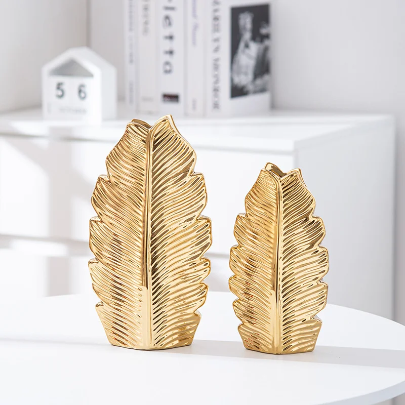 Nordic black gold electroplated leaf ceramic vase modern simple home living room TV cabinet decoration pieces inserted vase